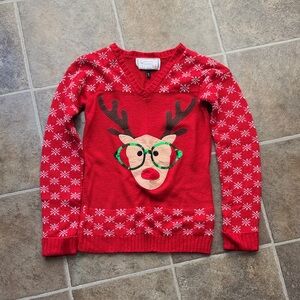 Red Reindeer Sweater with Snowflake Pattern